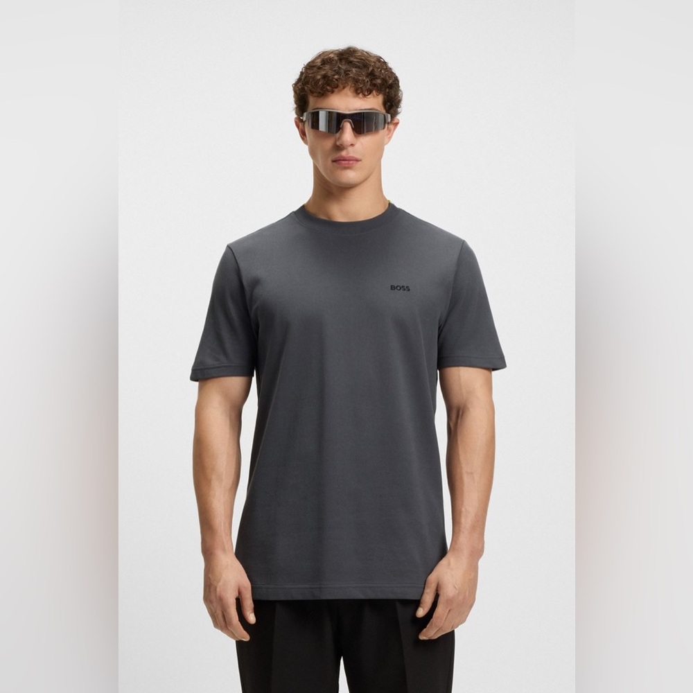 BOSS COTTON-PIQUÉ T-SHIRT WITH JACQUARD-WOVEN BACK COLLAR GRAY